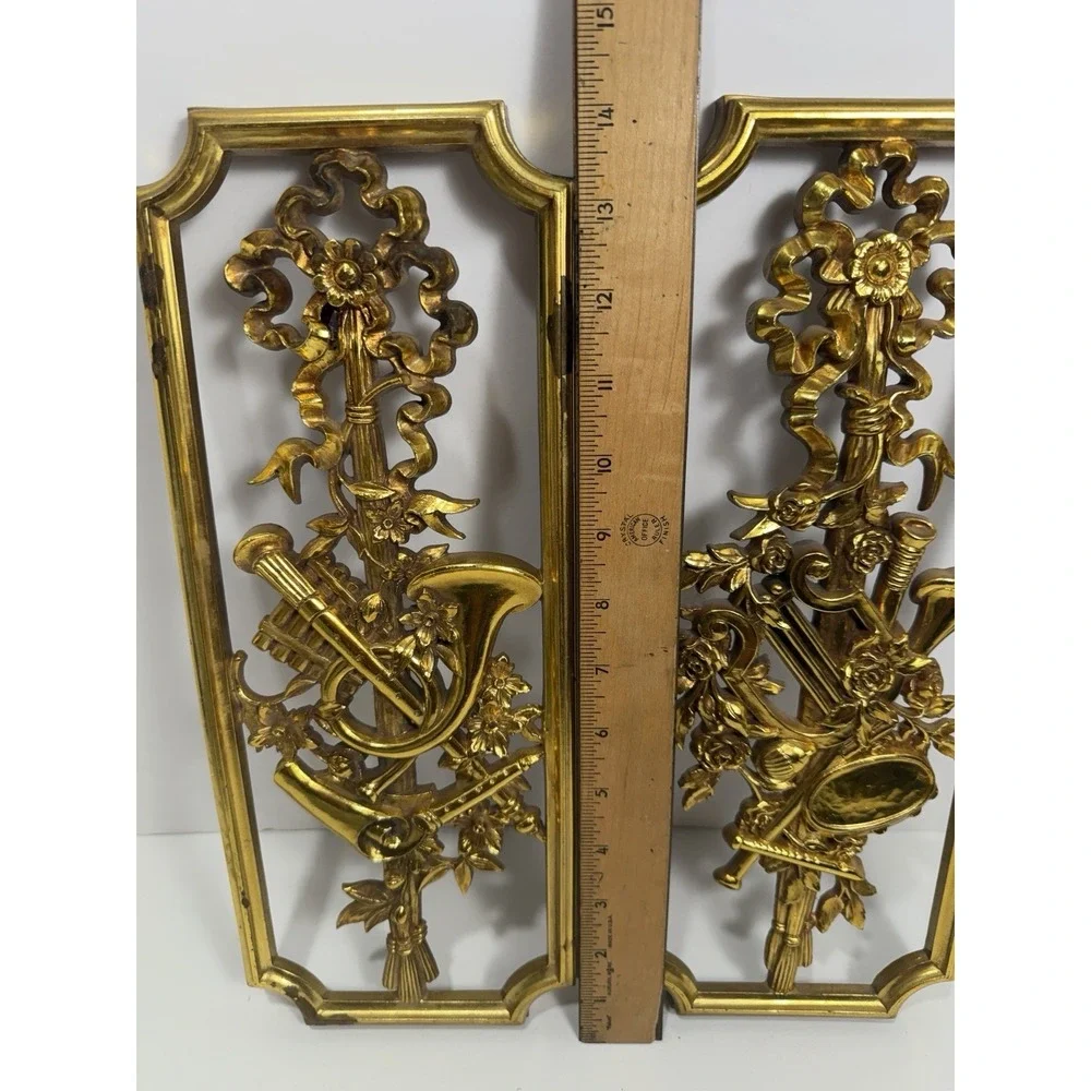2 Syroco Homco Gold Musical Instrument Wall Plaques‎ 4863A 1964 Vintage Mid Mod